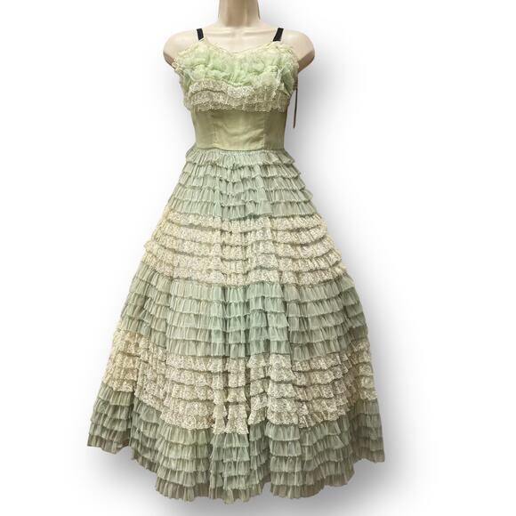 VNTG Green Cupcake Prom Dress Lace Chiffon Tiered Ruffled Strapless Gown 1950s - Picture 15 of 16